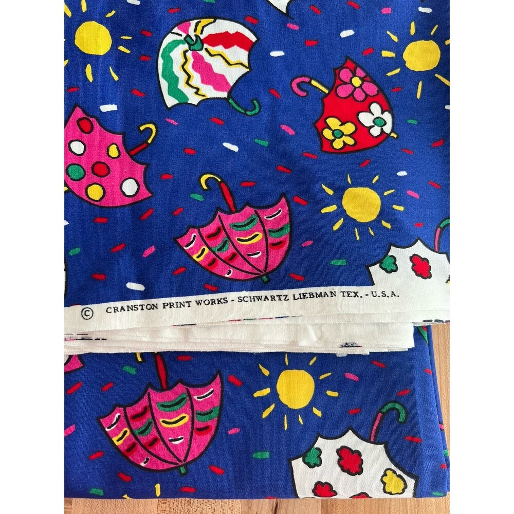 Vintage Fabric Cranston Print Works Schwartz Liebman Umbrella Rain Blue USA 4 YD - Picture 3 of 4